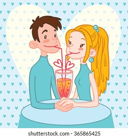 Romantic couple holding hands and drinking cocktail with hearts on a background. Valentine's Day Card. Vector illustration.