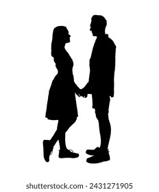 Romantic couple holding hands facing each other vector silhouette.	