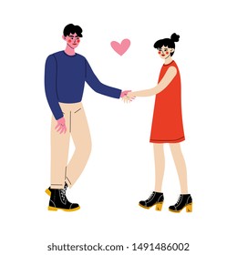 Romantic Couple Holding Hands, First Dating Concept Vector Illustration