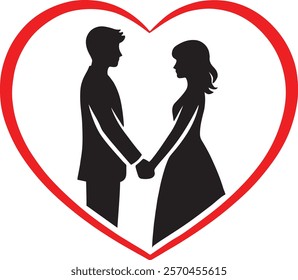 A romantic couple holding hands in a heart shaped silhouette vector style.