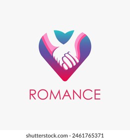 Romantic couple holding hands in love heart logo icon vector template, warm togetherness logo icon template on white background