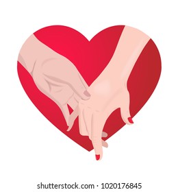 Romantic couple holding hands on red heart.