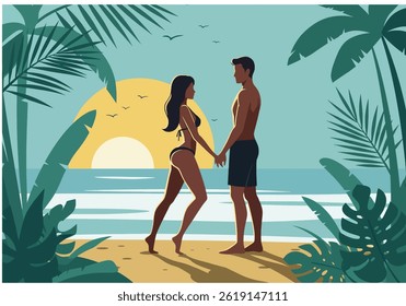 Romantic couple holding hands on a tropical beach during their summer holiday vacation at sunset. Flat illustration style with warm, inviting colors