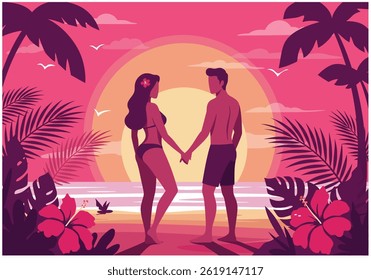 Romantic couple holding hands on a tropical beach during their summer holiday vacation at sunset. Flat illustration style with warm, inviting colors