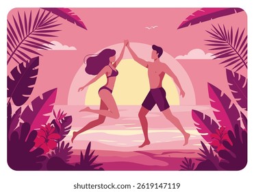 Romantic couple holding hands on a tropical beach during their summer holiday vacation at sunset. Flat illustration style with warm, inviting colors
