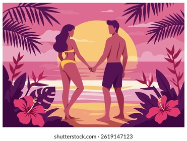 Romantic couple holding hands on a tropical beach during their summer holiday vacation at sunset. Flat illustration style with warm, inviting colors