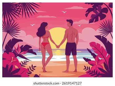 Romantic couple holding hands on a tropical beach during their summer holiday vacation at sunset. Flat illustration style with warm, inviting colors
