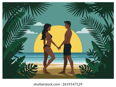 Romantic couple holding hands on a tropical beach during their summer holiday vacation at sunset. Flat illustration style with warm, inviting colors
