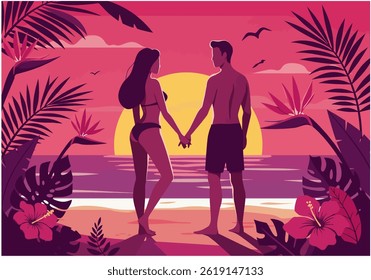 Romantic couple holding hands on a tropical beach during their summer holiday vacation at sunset. Flat illustration style with warm, inviting colors