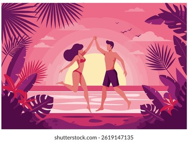 Romantic couple holding hands on a tropical beach during their summer holiday vacation at sunset. Flat illustration style with warm, inviting colors