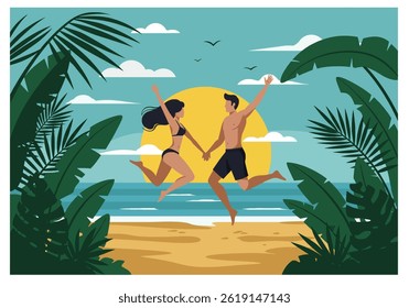 Romantic couple holding hands on a tropical beach during their summer holiday vacation at sunset. Flat illustration style with warm, inviting colors