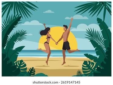 Romantic couple holding hands on a tropical beach during their summer holiday vacation at sunset. Flat illustration style with warm, inviting colors