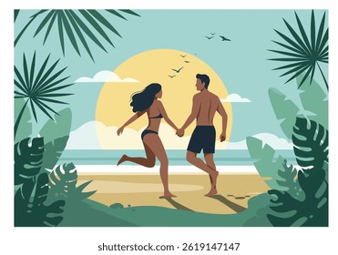 Romantic couple holding hands on a tropical beach during their summer holiday vacation at sunset. Flat illustration style with warm, inviting colors