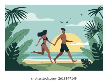 Romantic couple holding hands on a tropical beach during their summer holiday vacation at sunset. Flat illustration style with warm, inviting colors