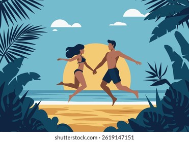 Romantic couple holding hands on a tropical beach during their summer holiday vacation at sunset. Flat illustration style with warm, inviting colors