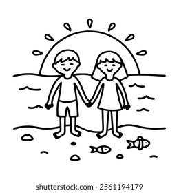 Romantic Couple Holding Hands at Sunset Beach.