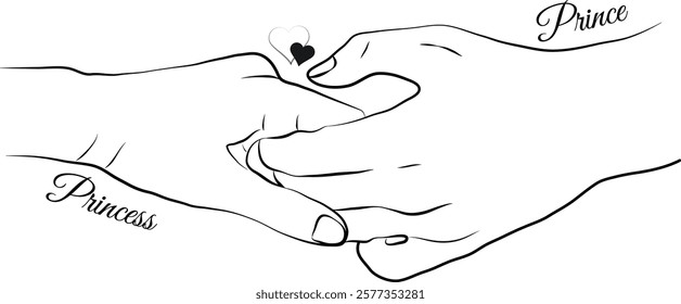 Romantic couple holding hands vector line art style expressing love illustration