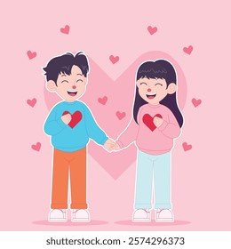 Romantic couple holding hearts, walking hand-in-hand. Perfect for Valentine’s Day cards and designs.