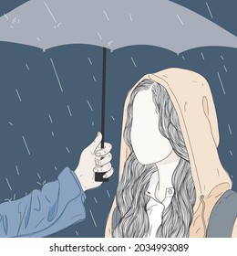 Romantic couple holding umbrellas in rainy season
