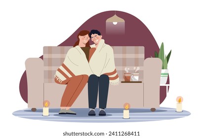 El concepto de pareja romántica en casa. Hombre y mujer bajo manta en el sofá. Romance, cuidado y amor. Feliz chico y chica. Familia y pareja sentados en casa. Dibujo vectorial plano de dibujos animados