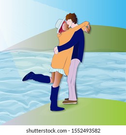 romantic couple hug together or pair of man and woman on date.Flat cartoon characters hug near the river. Colorful vector illustration.- Vector. Great for french invitations, greeting cards,postcards.