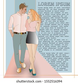 romantic couple hug together or pair of man and woman on date.Flat cartoon characters walk. Colorful vector illustration.- Vector. Great for french invitations, greeting cards,postcards.