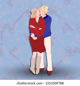 romantic couple hug together,pair of man and woman on date.Flat cartoon characters hug. seamless pattern. Colorful vector illustration.- Vector. Great for french invitations, greeting cards,postcards.