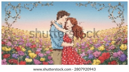 Romantic couple hugging amidst blooming flowers, warm sunset sky, serene evening, outdoor.