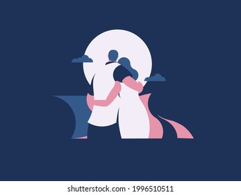 Romantic couple hugging and being together. Admiring a landscape. Vector.