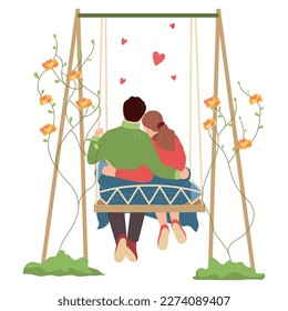 Romantic couple hugging during date on wooden swings back view flat vector illustration