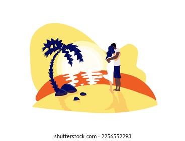 Romantic couple hugging each other, in love on sandy beach at sunset in deep ocean. 
