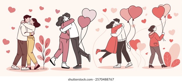 A romantic a couple hugging. Happy male and female lovers embrace. Loving Couple for romantic date illustration useful for Valentine's Day card or International Hug Day, flyers, wedding 