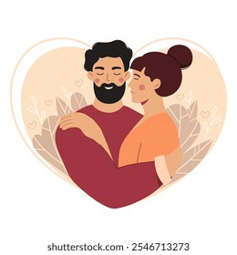 Pareja romántica abrazándose en el marco del corazón - Ilustración vectorial de amor y afecto. Día de San Valentín