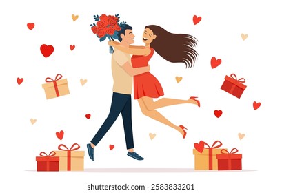 Romantic couple hugging joyfully, surrounded by floating hearts and gift boxes, symbolizing love, affection, and celebration on Valentine's Day. Vector illustration in flat style