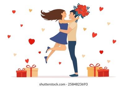 Romantic couple hugging joyfully, surrounded by floating hearts and gift boxes, symbolizing love, affection, and celebration on Valentine's Day. Vector illustration in flat style