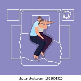 romantic couple hugging making a spoon on a purple bed vector illustration design