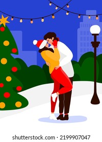 Romantic couple hugging next to Christmas tree with abstract cityscape at background. Xmas date at city park. Man and woman about to kiss. Holiday postcard.