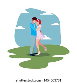 romantic couple hugging outdoor landscape