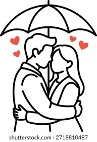 Romantic Couple Hugging Under Umbrella Line Art Illustration with Love Hearts