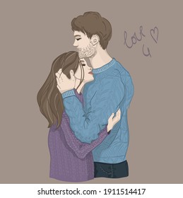 Romantic couple Hugging vector illustration, Man kissing a woman in head 