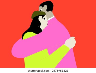 Romantic couple hugs on design of Valentine's Day card. Girlfriend and boyfriend love each other, cuddle together on 14 February postcard. Happy lovers, beloveds embrace. Flat vector illustration