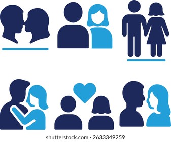 Romantic couple icon set. Love, togetherness, affection, relationship symbols for designers and illustrators. Solid icon set collection.