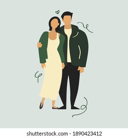 Romantic couple illustration. Boy and girl. Man with women. Bridge groom vector artwork. Wedding poster template. Marriage related flyer art.