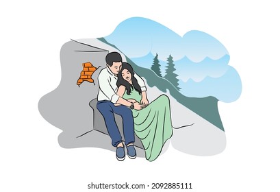 Romantic couple illustration design on mountain background. vector