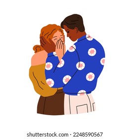 Romantic couple of interracial man, woman. Enamored guy caressing girl, confessing love. Happy affectionate people hug with tenderness. Flat graphic vector illustration isolated on white background