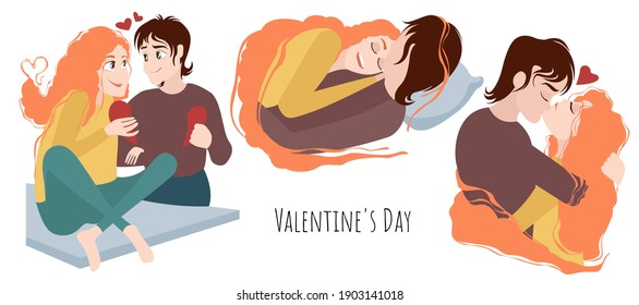 Romántica pareja aislada de fondo blanco, para el Día de San Valentín. Pareja enamorada con tarjeta de felicitación, San Valentín. Ilustración del vector