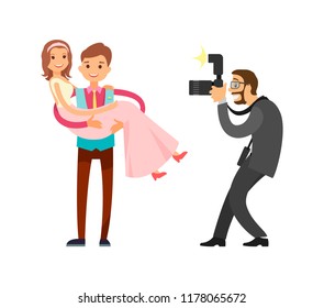 Romantic couple just married groom and bride on wedding photo session made by professional photographer. Happy newlyweds, husband holding wife on hands vector