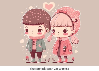 romantic couple in kawaii style, flat valentine's day background