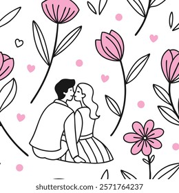 Romantic Couple Kissing Amidst Floral Pattern