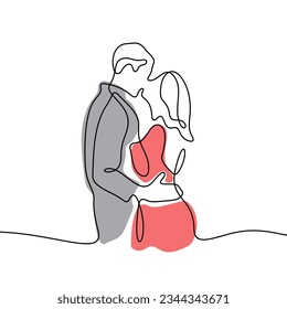 Romantic couple kissing continuous line colourful vector illustration